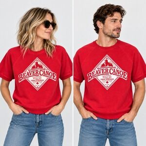 Vintage Beaver Canoe Short Sleeve Sweatshirt XL Red Omer Stringer Canada Rare
